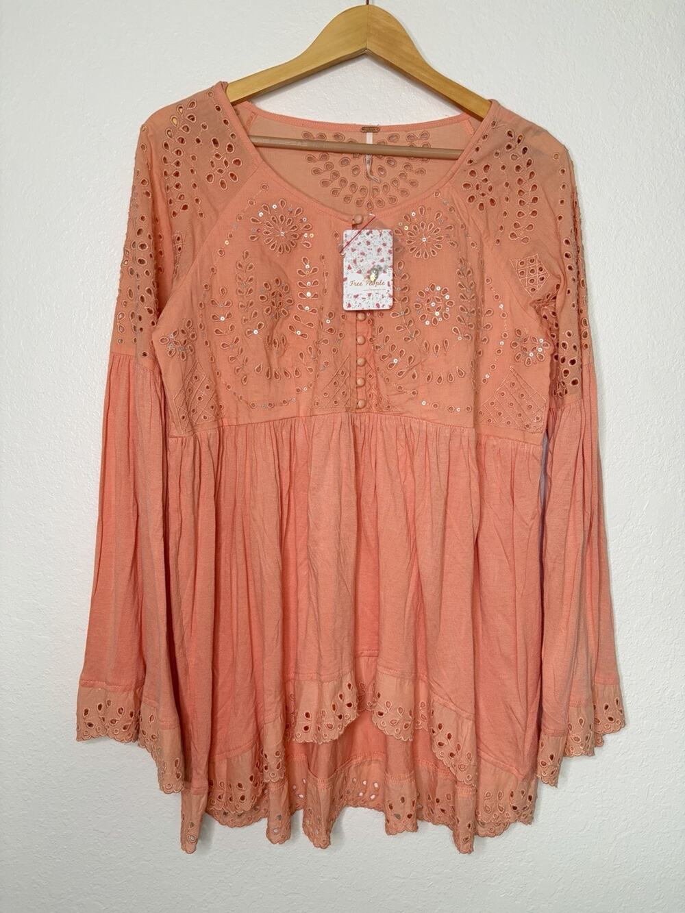 NWT Free People Sea of Love Peach Orange Eyelet Bell Sleeve Top Size Small Boho